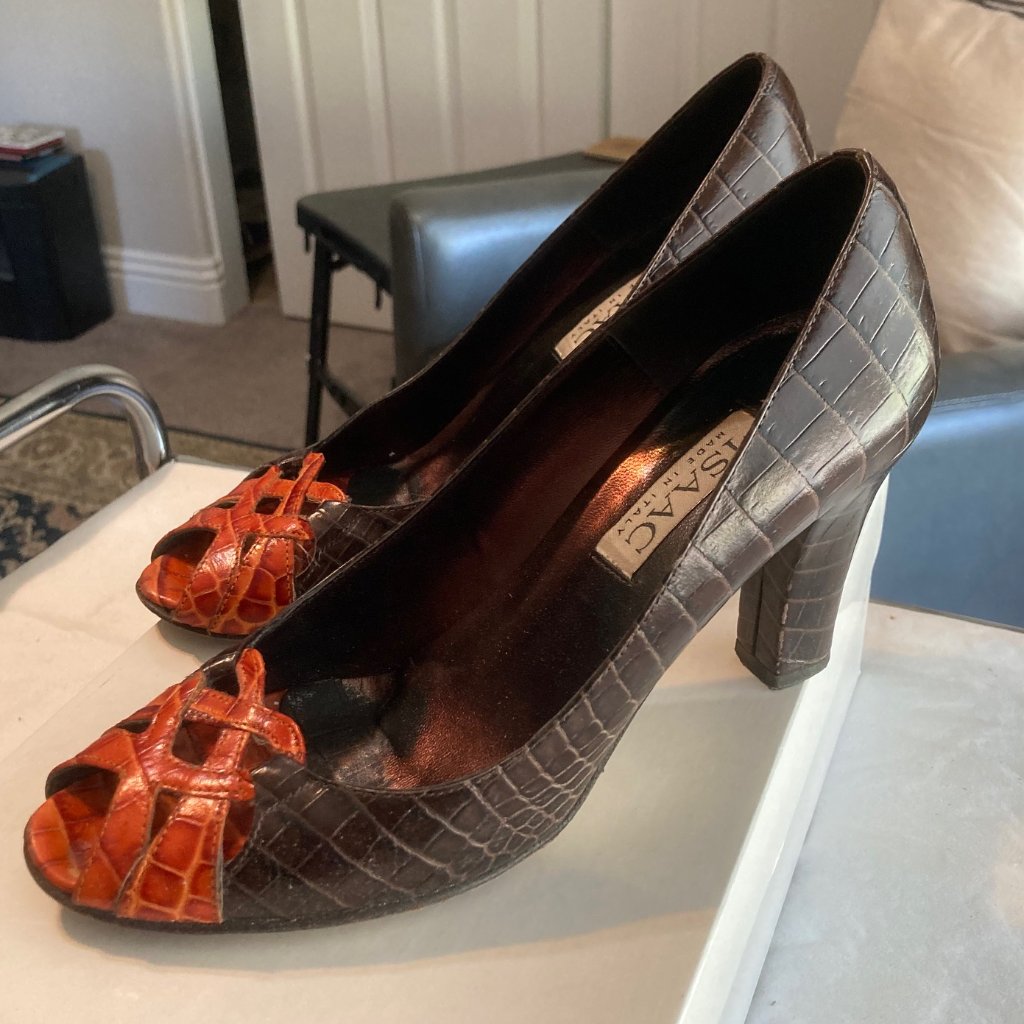 Isaac Mizrahi Vera Croco Brown/Orange Peep Toe Pumps Size 7.5m